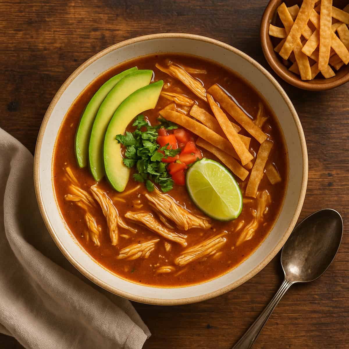 bowl of chicken tortilla soup, small bowl of tortilla strips on a rustic wood table