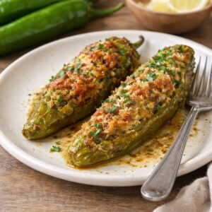 Breadcrumb- and cheese-stuffed Italian long hot peppers, close-up on a white plate