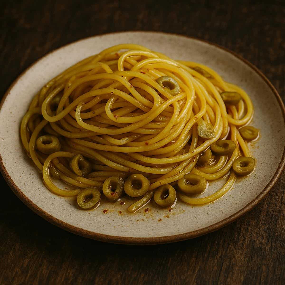 spaghetti with olive oil, sliced olive, red pepper flake