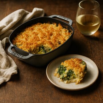 Golden, cheesy broccoli casserole with buttery cracker topping in a staub baking dish.