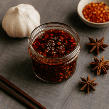 Jar of homemade garlic chili oil with visible chili flakes and garlic chips