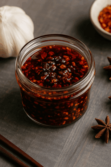 Jar of homemade garlic chili oil with visible chili flakes and garlic chips
