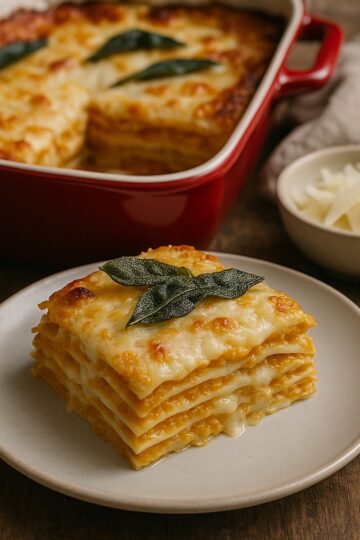 piece of pumpkin lasagna on a white plate sitting on a wood table top