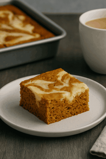 Close-up of pumpkin cake with creamy cheesecake layer