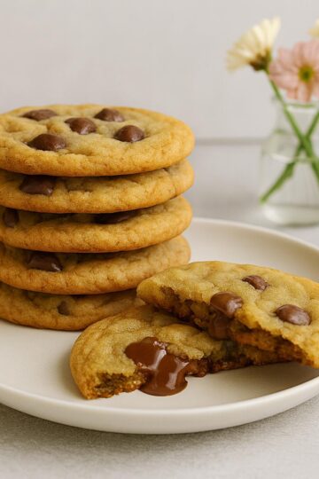 stack of cookies showing gooey chocolate