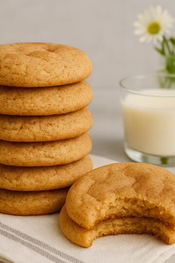 Stack of snickerdoodle cookies with cinnamon-sugar coating and crackled tops.