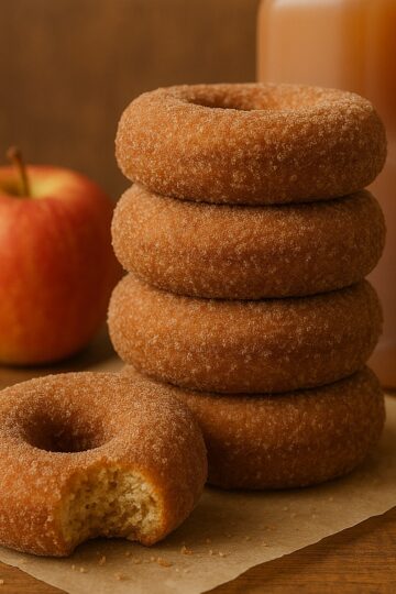 stack of cider dounuts, apple cider and whole apple in the background, on a rustic wood table