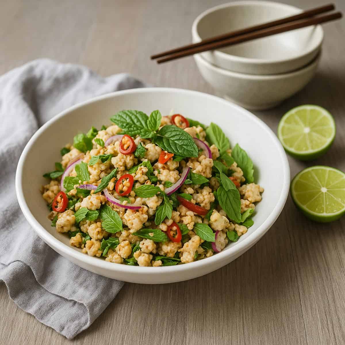 chicken larb in a white bowl, limes, serving bowls and chopsticks