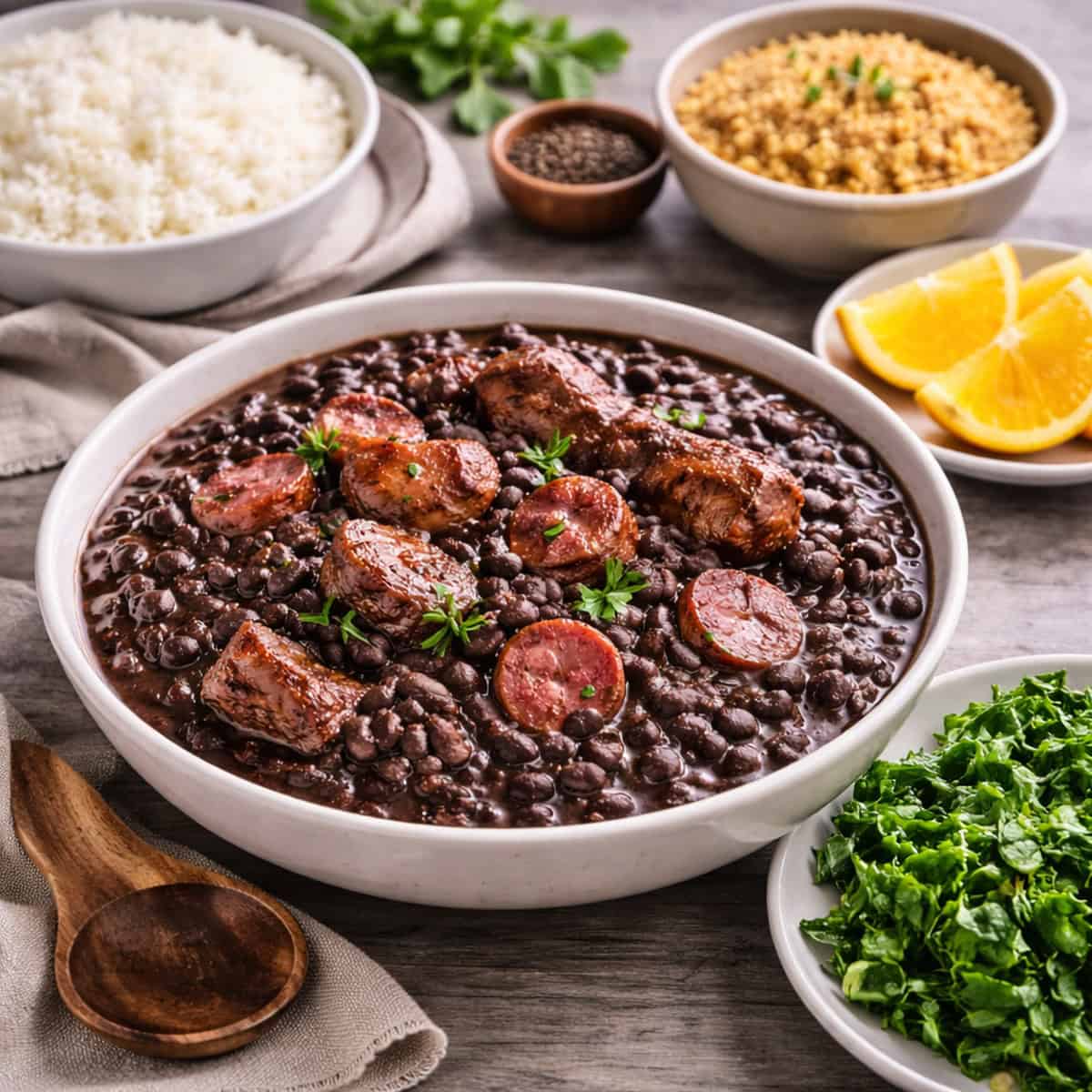 Traditional Brazilian feijoada with black beans and pork served with rice, collard greens, farofa, and orange wedges on rustic table