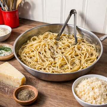 cacio e pepe pasta on a wood counter displayed in a rounded apsta pan