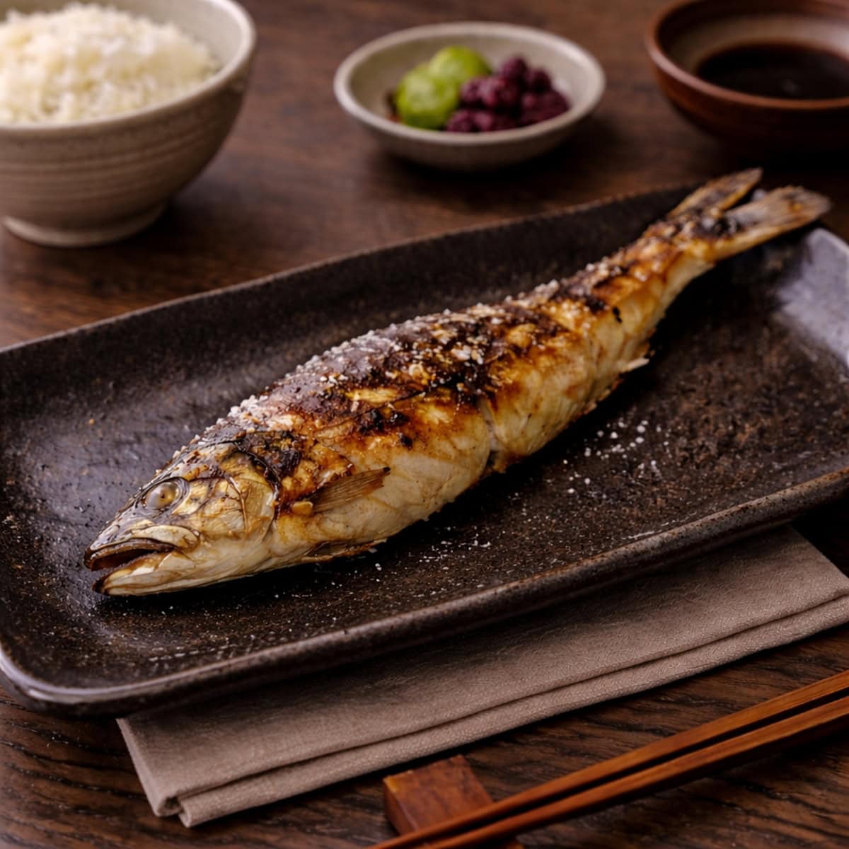 Salt-grilled whole fish on dark ceramic plate, illustrating Japanese technique over seasoning