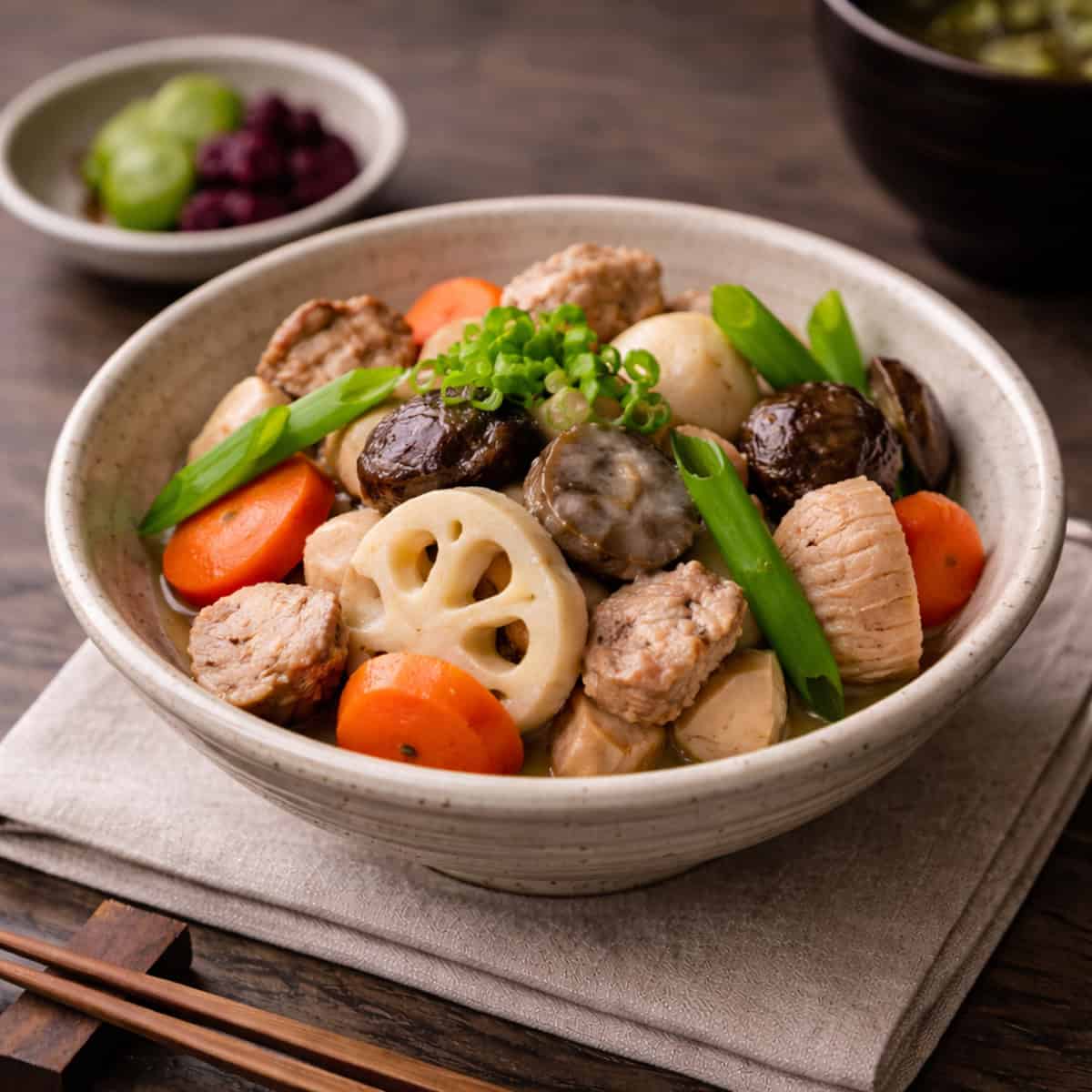 Nimono Japanese simmered vegetables and chicken on dark oak counter, illustrating restrained umami-focused home cooking