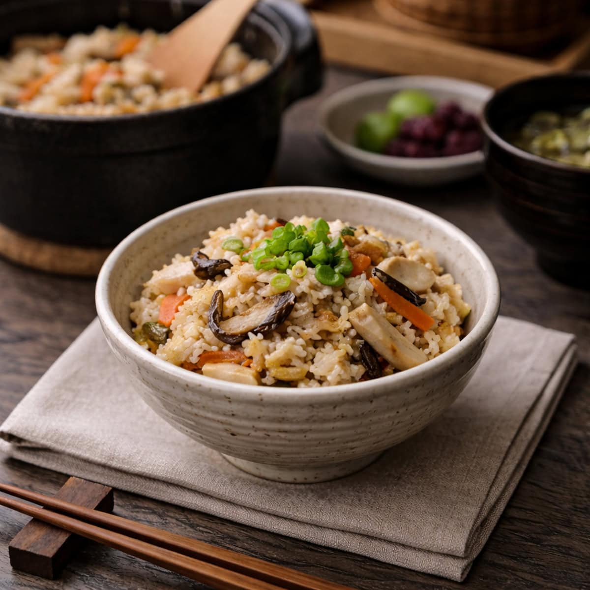 Takikomi gohan mixed rice with mushrooms and vegetables on dark oak counter, illustrating seasonal Japanese home cooking