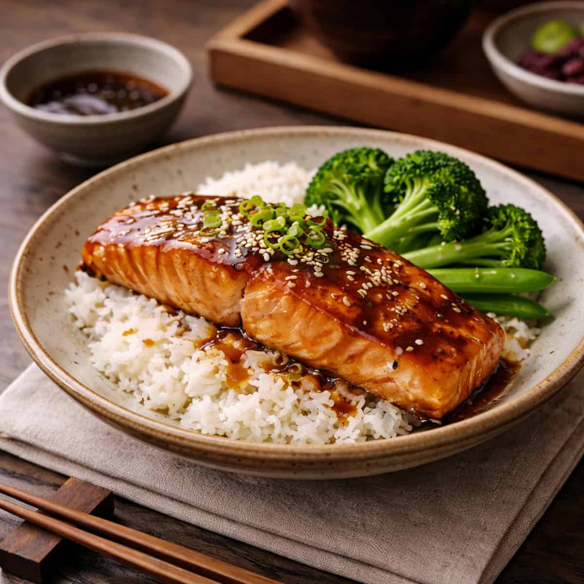 Simple teriyaki-glazed salmon served over rice on dark oak counter, illustrating balanced Japanese home cooking