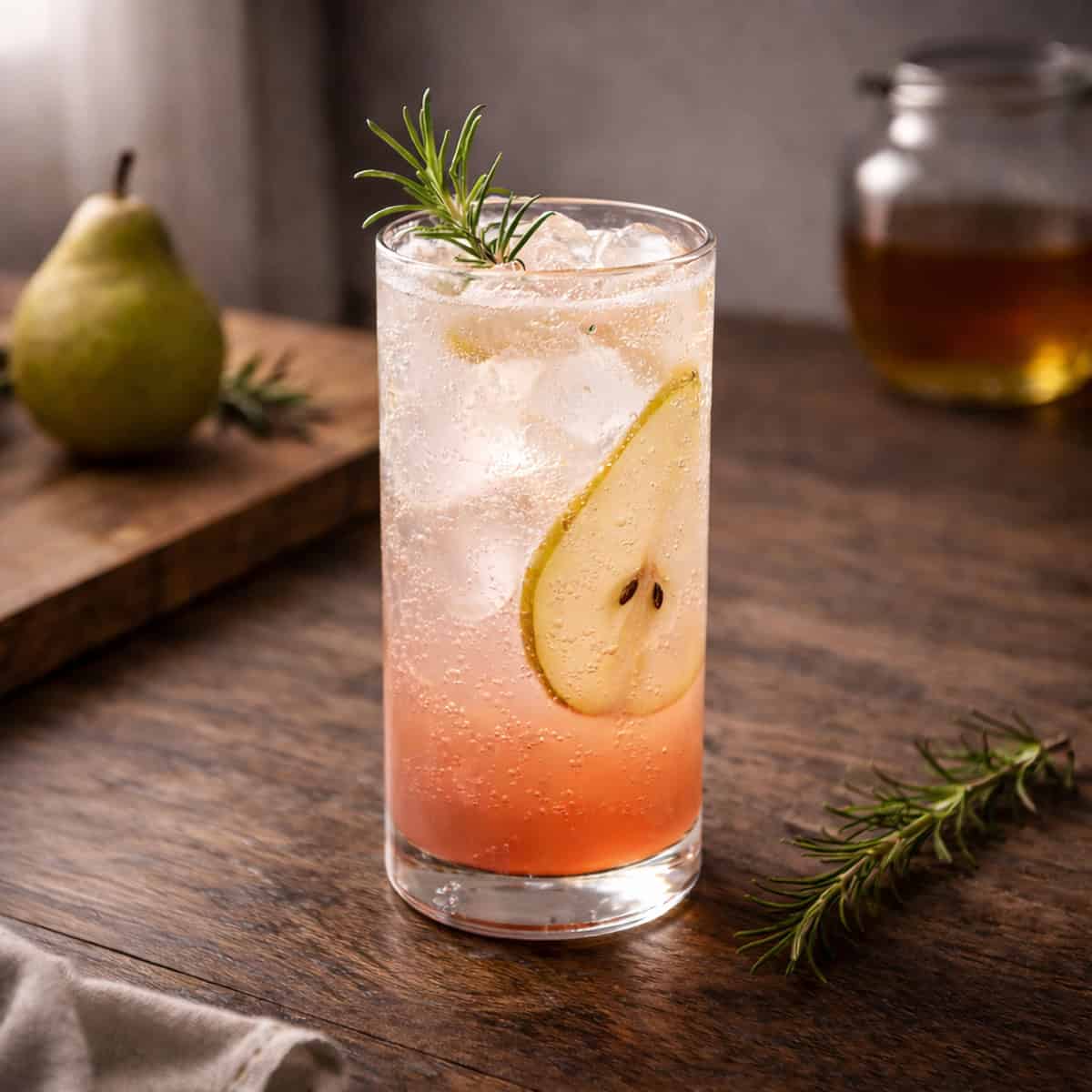 Grapefruit pear rosemary mocktail served in a clear glass on a dark grey oak butcher block countertop with fresh rosemary and citrus