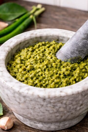 Thai Green curry paste in a mortar and pestal