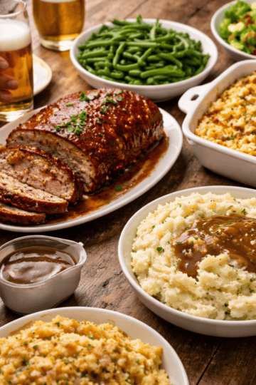 american dinner table with meatloac, tuna noodle cassarole, salad