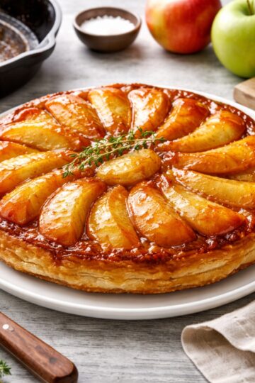 Traditional French apple tarte tatin with glossy caramelized apples baked under puff pastry and inverted onto a white plate