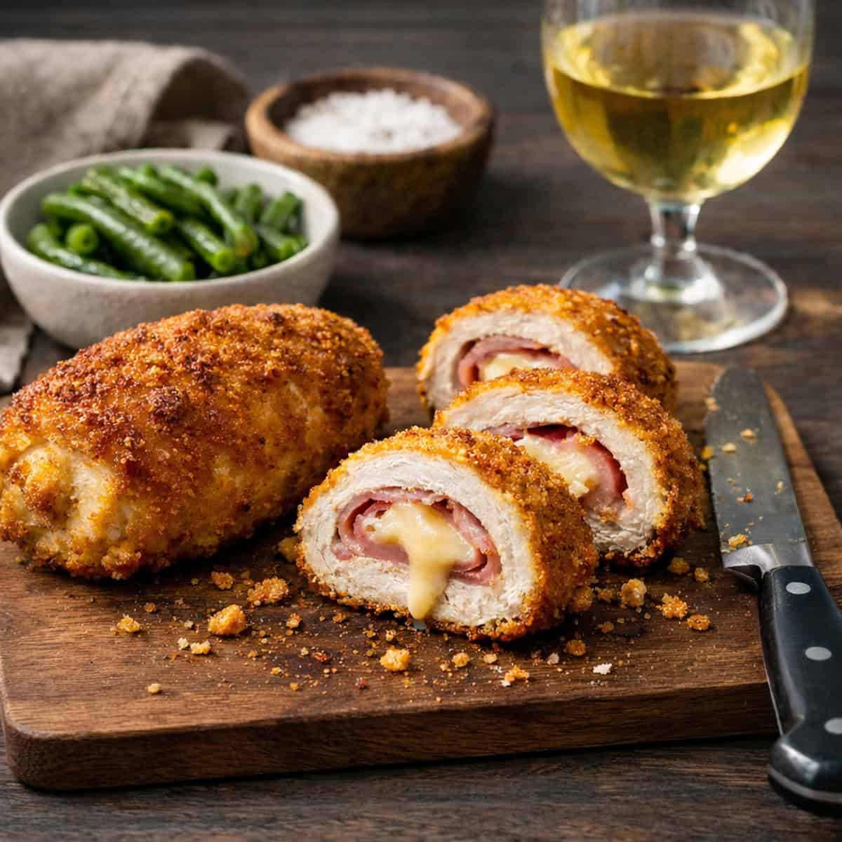 Homemade chicken cordon bleu sliced to show ham and Gruyère filling, served on a cutting board with green vegetables and white wine.