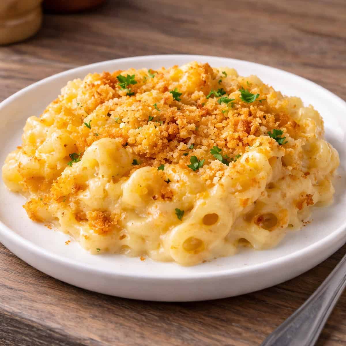 Close-up of mac and cheese with a smooth, creamy cheese sauce.
