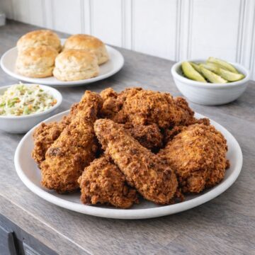Southern fried chicken with a crisp, double-dredged crust, served with buttermilk biscuits, coleslaw, and pickles on a gray stain wood studio countertop.