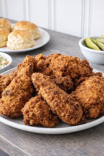 Southern fried chicken with a crisp, double-dredged crust, served with buttermilk biscuits, coleslaw, and pickles on a gray stain wood studio countertop.