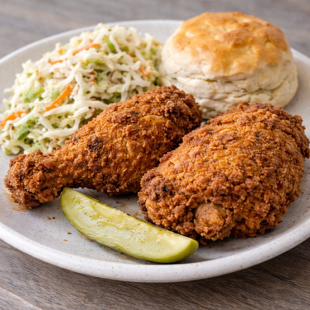 Close-up of Southern fried chicken with a crisp, double-dredged crust, served with coleslaw, a buttermilk biscuit, and a pickle spear.