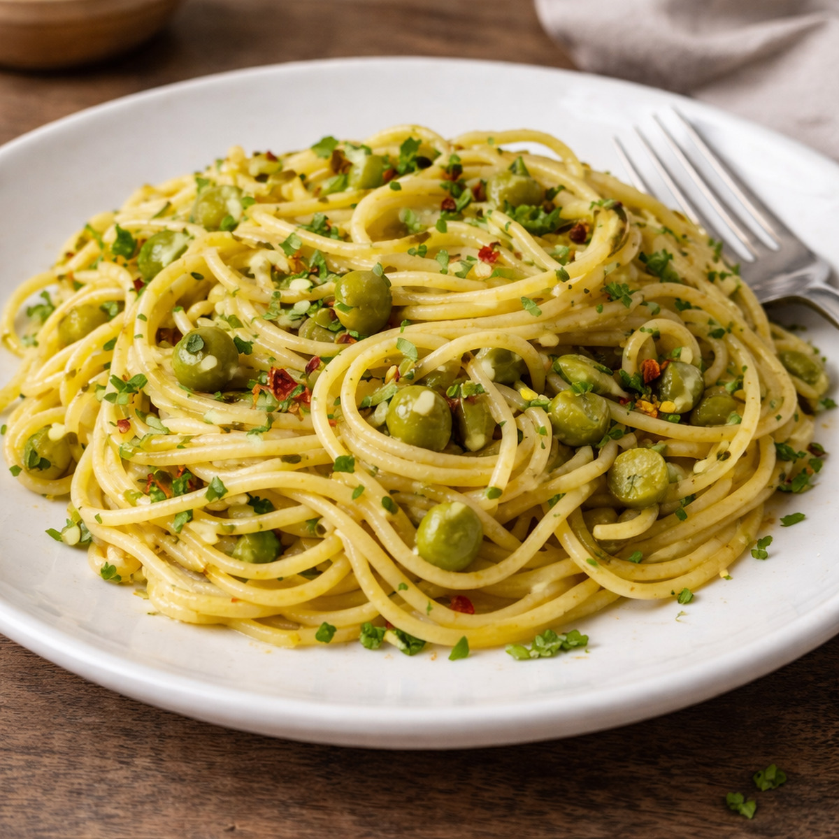 bowl of aglio e oilo white plate, wood counter
