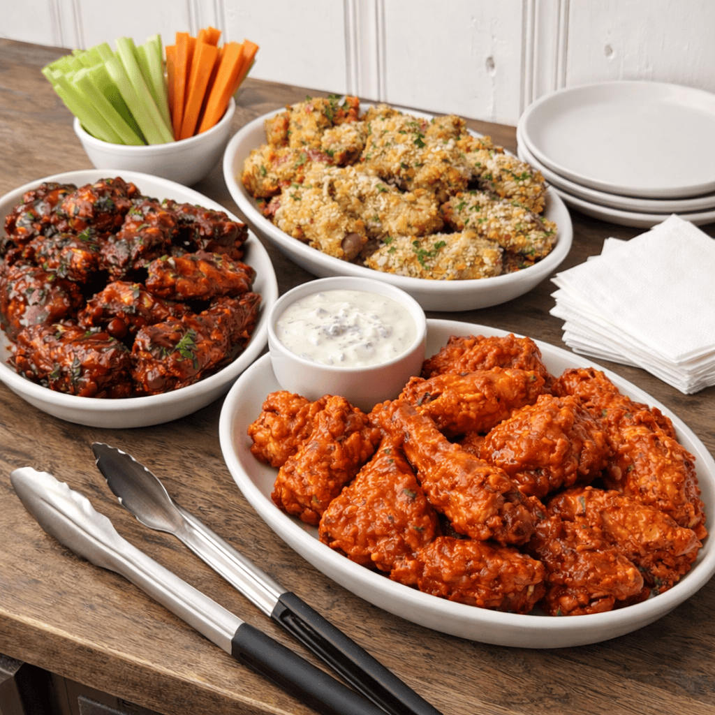 Crispy chicken wings in three flavors—BBQ, Buffalo, and Parmesan—arranged on platters with celery, carrots, and tongs on a kitchen counter