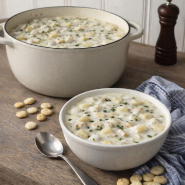 New England clam chowder served in a bowl with oyster crackers, shown on a wooden kitchen counter with an enamel cast iron pot in the background