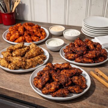 American dry rub chicken wings with buffalo, BBQ, lemon pepper, and Cajun flavors, photographed on a rustic wood countertop with sauces and serving accessories.