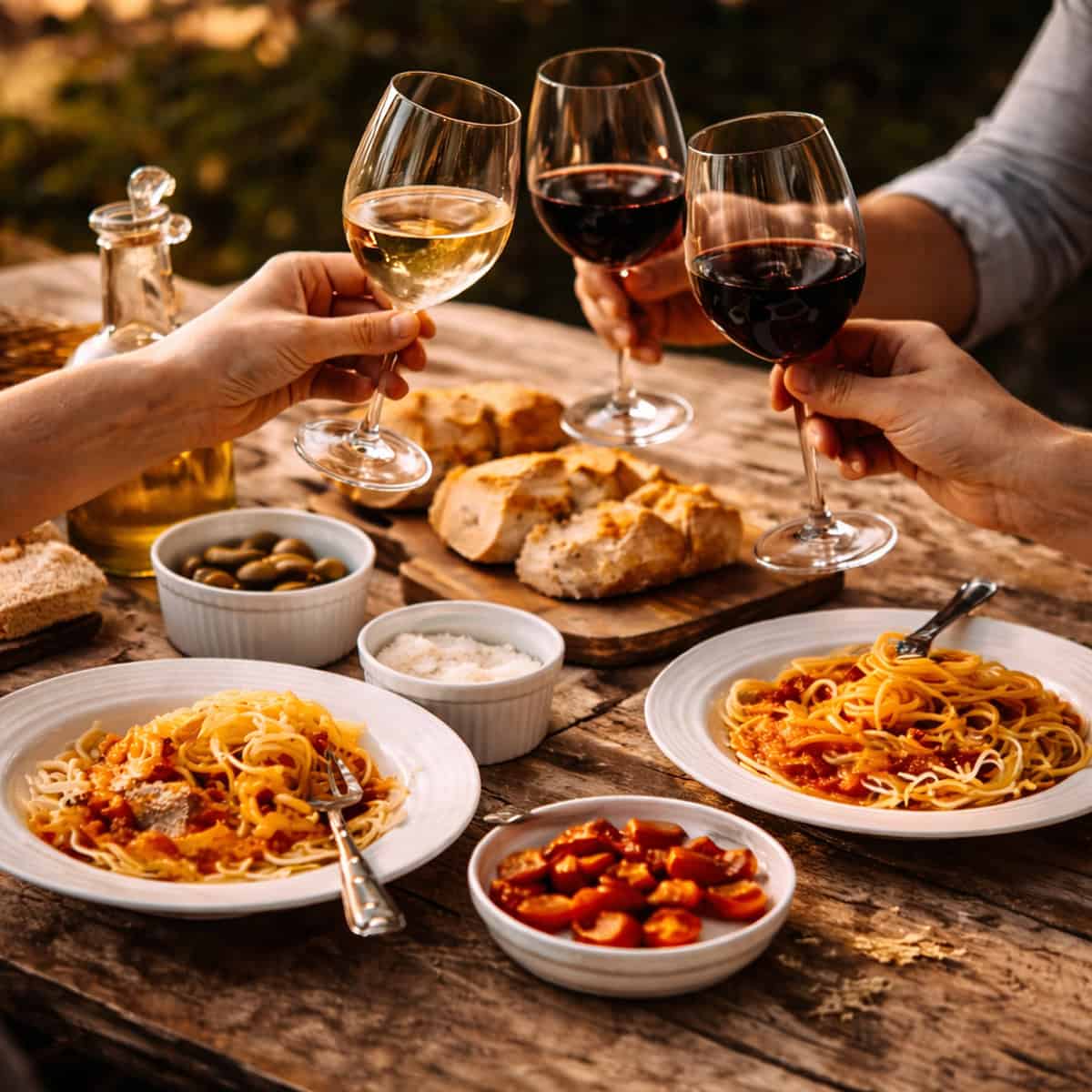 Hands raising glasses of red and white wine over a rustic wooden table with pasta dishes and torn bread at an outdoor Italian meal