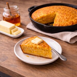 Old-fashioned Southern cornbread baked in a cast iron skillet with a slice served on a plate with butter and honey on a wood countertop.