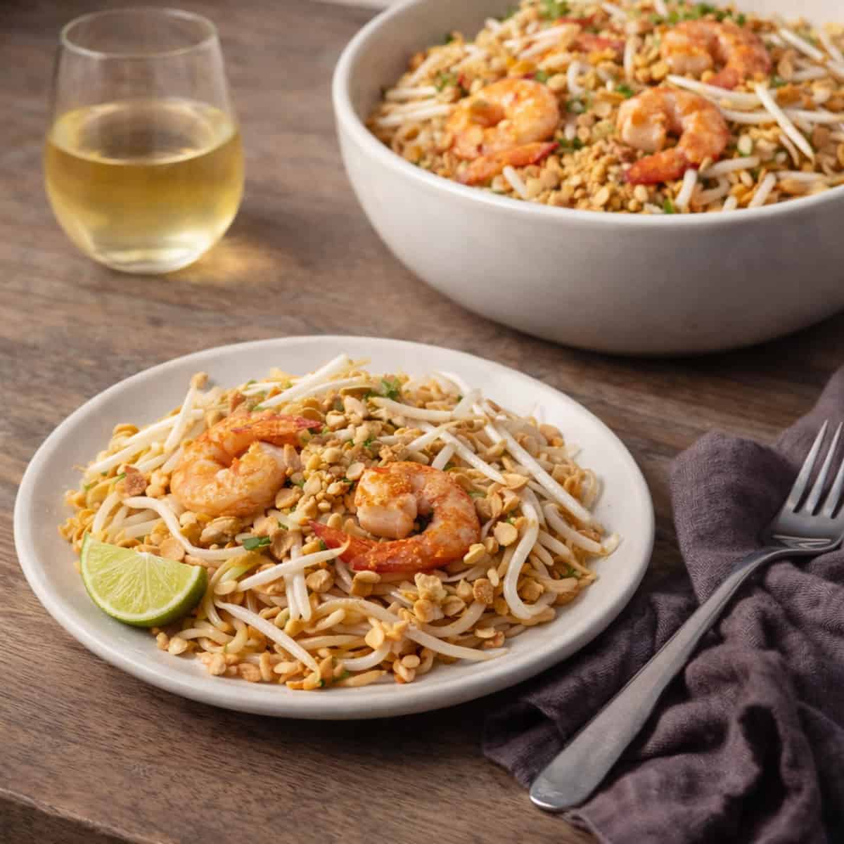 Shrimp Pad Thai served on a white plate with bean sprouts, crushed peanuts, and a lime wedge, set on a rustic wooden countertop with a larger bowl of Pad Thai and a glass of white wine in the background.
