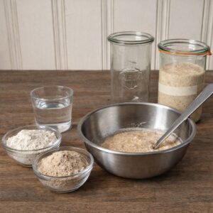 sourdough starter ingredients of bread flour, whole whet flour and water, shown mixed in a bowl and a weck jar.