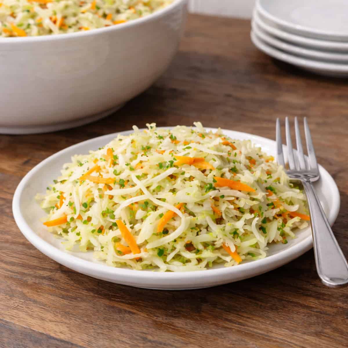 American vinegar coleslaw with shredded cabbage and carrots on a white plate with a fork.