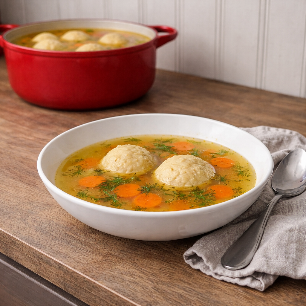 bowl of matzah ball soup, wood countertop, red dutch oven in the background