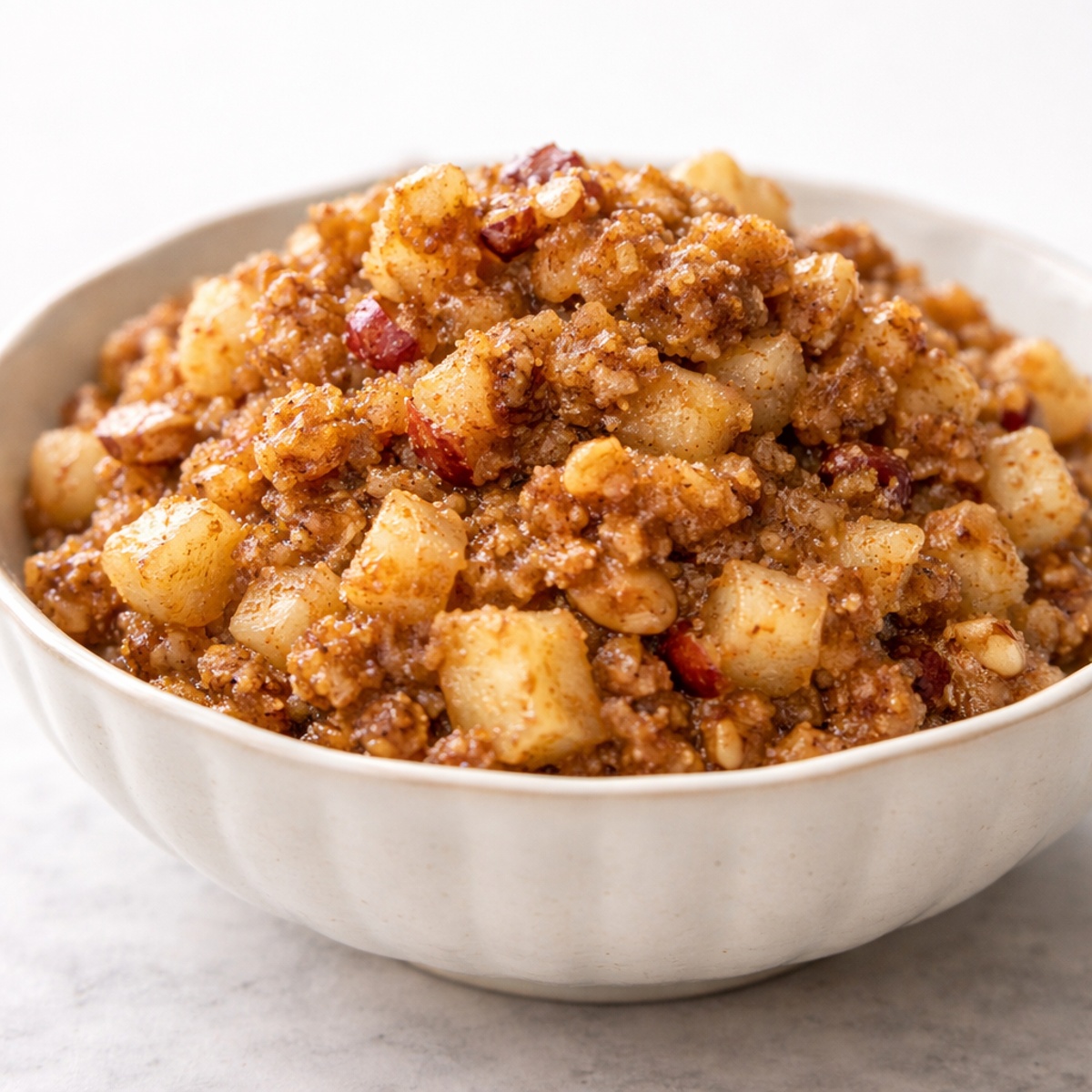 bowl of apple walnut charoset, on photo board