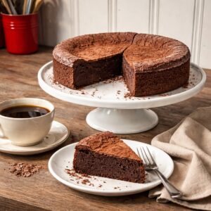 Flourless chocolate decadence cake on a white pedestal with a slice removed, plated slice in front with fork and black coffee on a wooden countertop