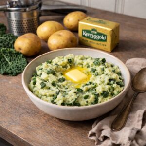 bowl on Calcannon, yukon gold poates and kerrygold butter on the wood counter