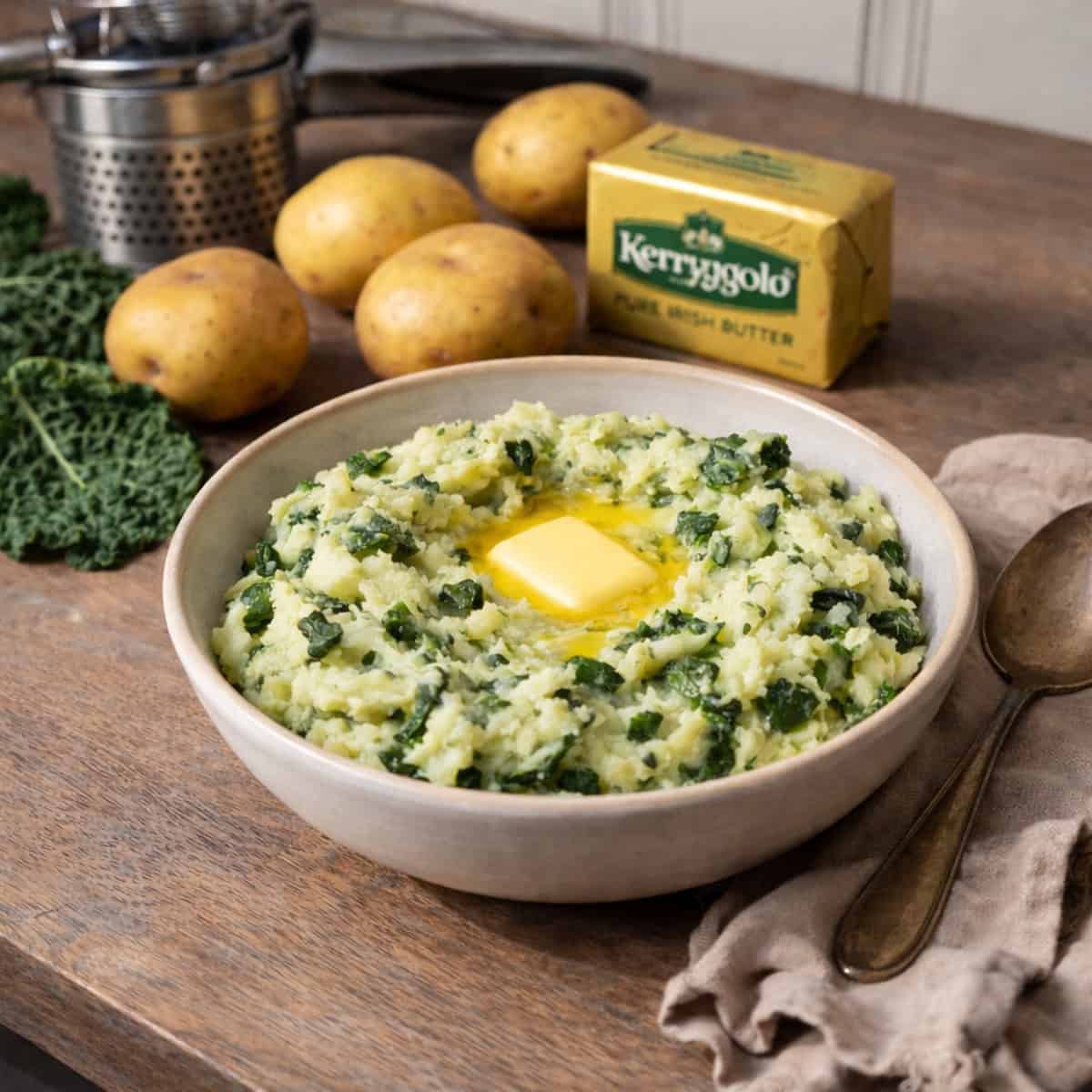 bowl on Calcannon, yukon gold poates and kerrygold butter on the wood counter