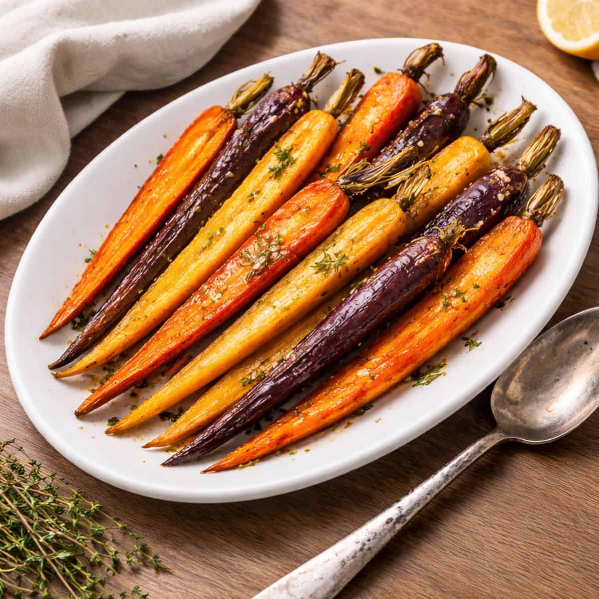 Honey roasted rainbow carrots split lengthwise with caramelized glaze on a white platter, served with spoon on wooden countertop