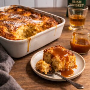 irish bread pudding in a cassarole dish, single serving on a msall plate on a wood countertop