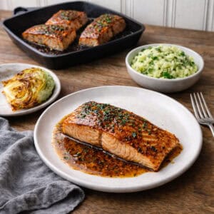 Irish whiskry Galzed Salmon on a white palte, sitting on a wood coutner