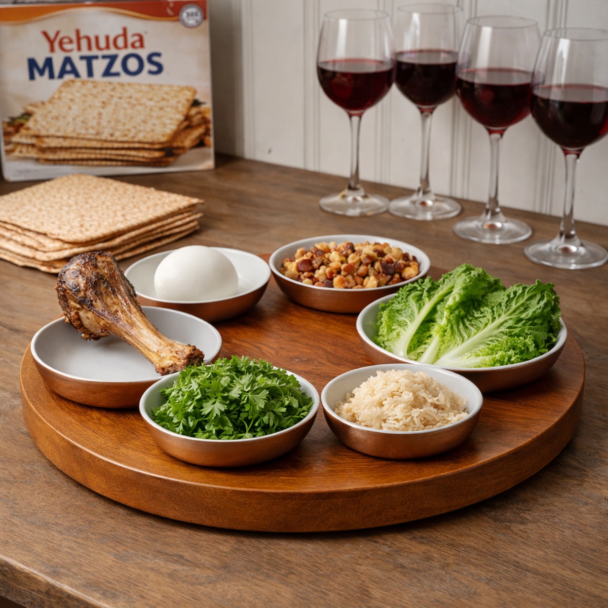 SaderPlate nabe wood with traditional ingredients, matzah crackers on the sounter, glasses of wine in the backgorund