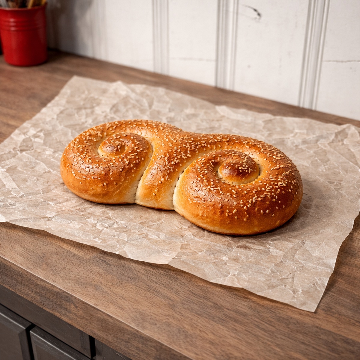 St Joesophs Bread on parchment on a wood counter top