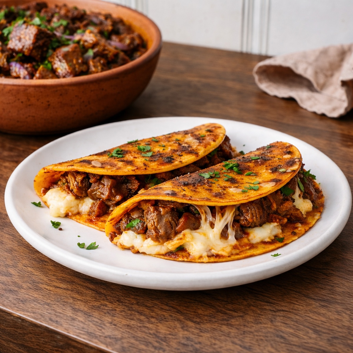Grilled birria tacos with melted cheese on a white plate, served on a rustic wood countertop with a bowl of braised beef in the background
