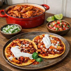 Chicken tinga tacos on a rustic platter with crema and cotija, set on a wood countertop with a red casserole of braised chicken and bowls of onion-cilantro relish and pico de gallo in the background