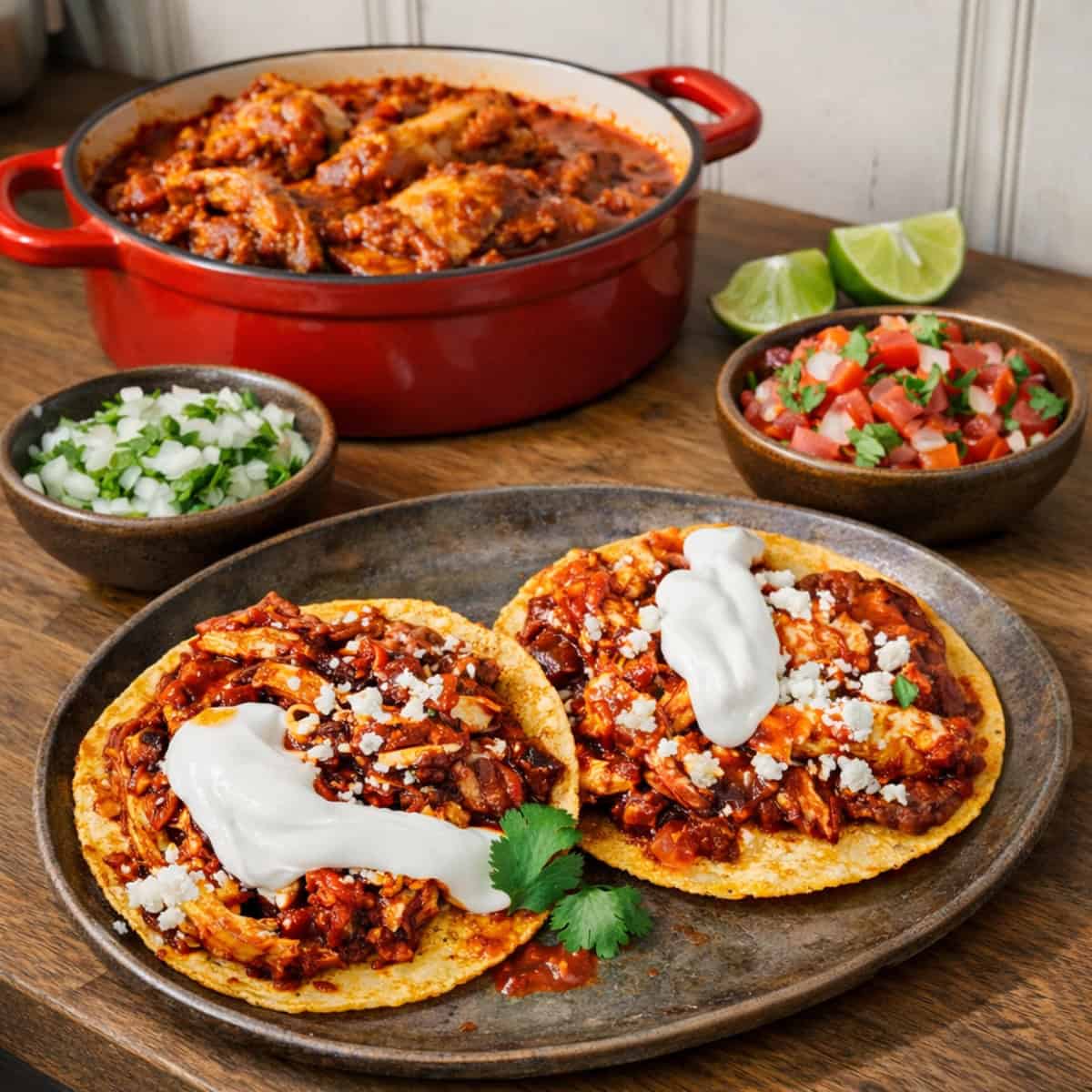 Chicken tinga tacos on a rustic platter with crema and cotija, set on a wood countertop with a red casserole of braised chicken and bowls of onion-cilantro relish and pico de gallo in the background