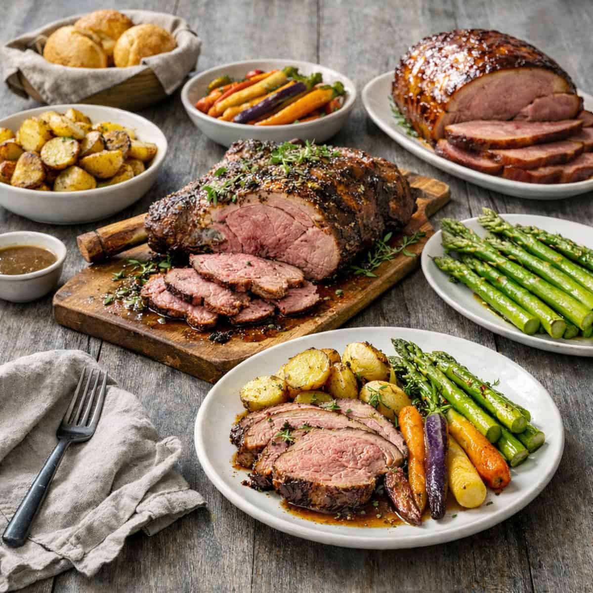 Easter dinner table with roasted leg of lamb, glazed ham, rainbow carrots, asparagus, and roasted potatoes on a grey wood table